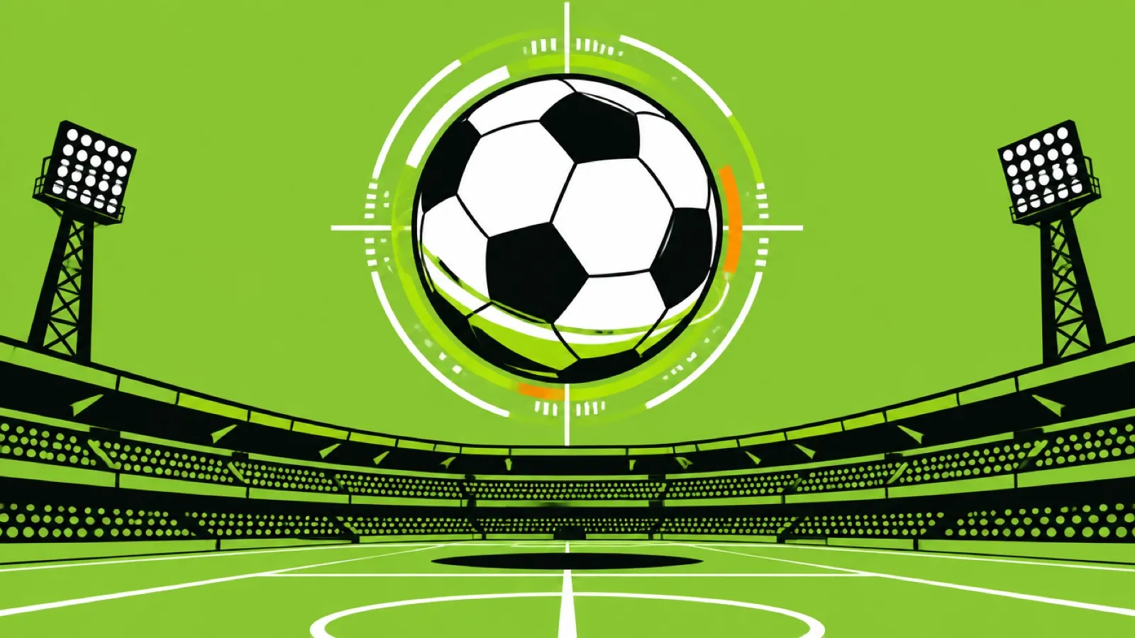 Ilustração de uma bola de futebol com efeito digital de escaneamento flutuando sobre um estádio