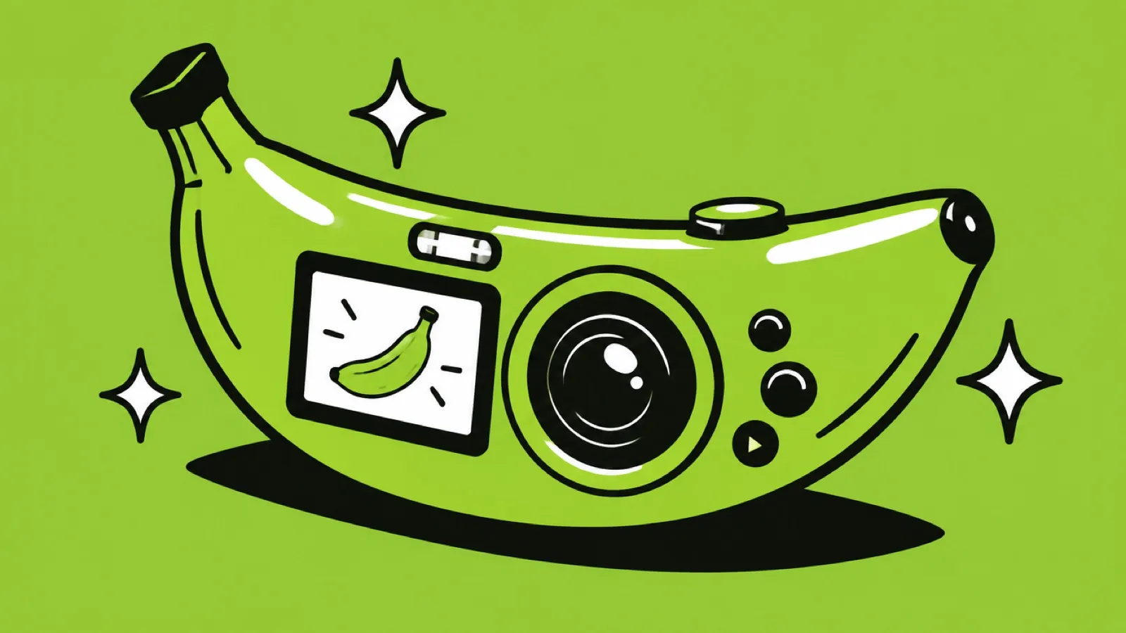 Ilustração de uma câmera digital com formato de banana e brilhos ao redor