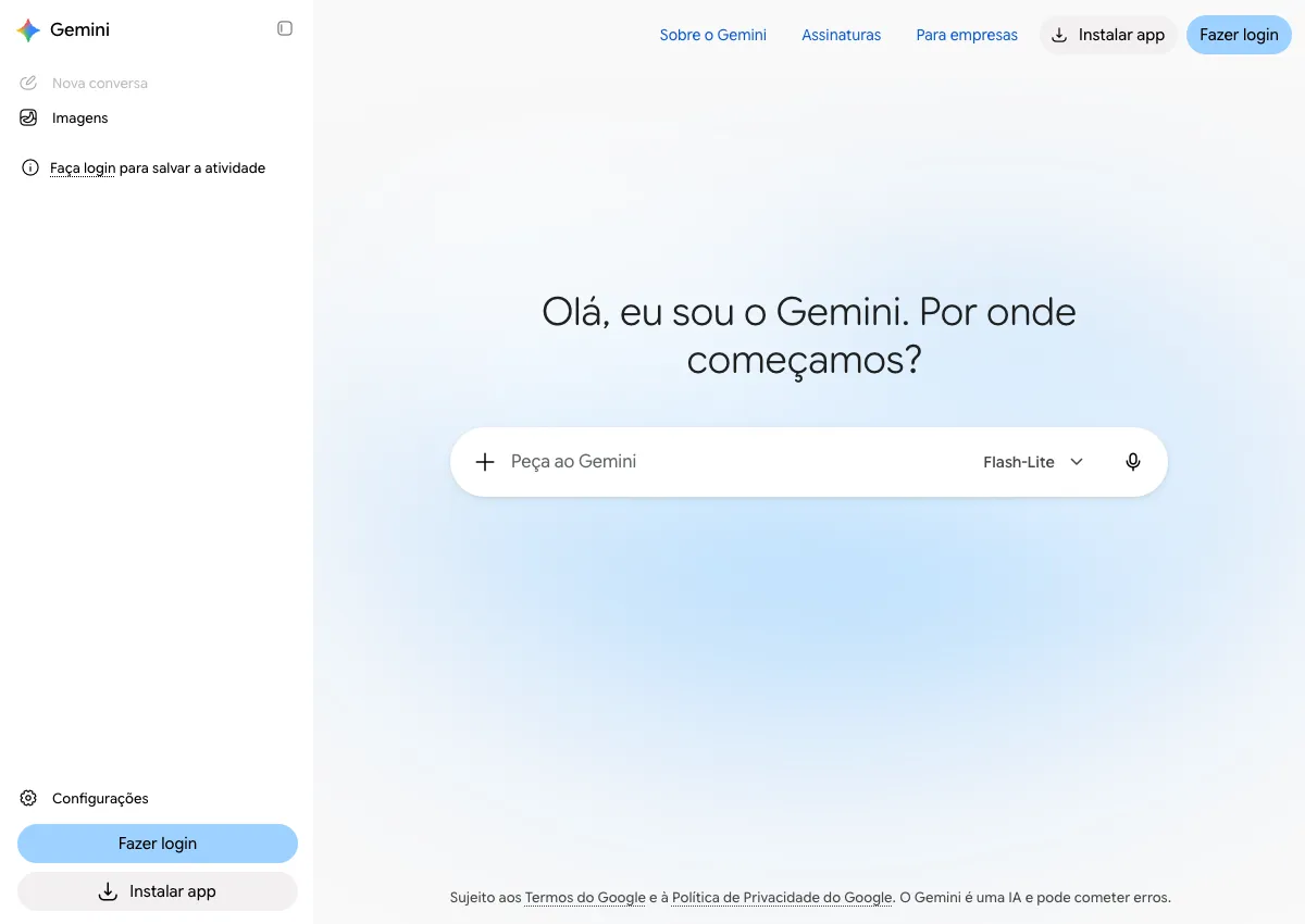 Tela pública do Gemini em português, com botão Fazer login, entrada Peça ao Gemini e opção Imagens na barra lateral.
